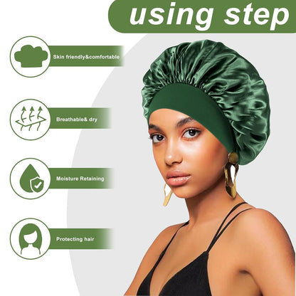 4PCS Silk Satin Bonnets for Black Women & Men - Elastic Wide Band Hair Wrap Cap for Curly Hair - Shower Cap for Sleeping (Black, Peacock Blue, Pink, Khaki)