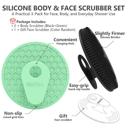 Silicone Body and Face Scrubber Set 5 Pack, BEAUTAIL Shower Bath Scrubber, Gentle Exfoliating Brush for Women Men Sensitive Skin, More Hygienic Than Traditional Loofah, Long Lasting, Black+Pink+Green