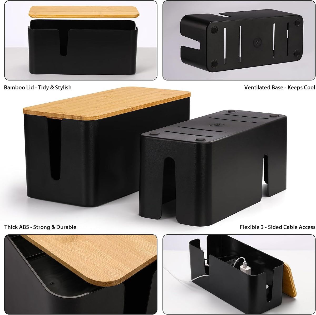 ZhiYo 2 Pack Cable Management Box, Medium & XL, Power Strip Organizer Black