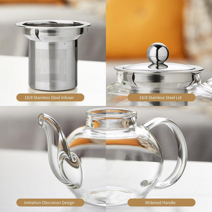 Glass Teapot with Removable Infuser, 20 oz/600ml Glass Tea Pot Small Borosilicate Tea Steeper Kettle with Loose Leaf Tea Strainer For Flower Blooming Tea, ClearTea Maker Pitcher