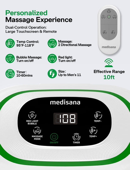 Medisana Collapsible Foot Spa, Foot Bath with Bubble, Heat, Red Light, Massage Rollers, Remote Control, Pedicure Foot Spa with 6 Motorized Rollers & 24 Massage Beads, Foot Soaking Tub for Relaxation