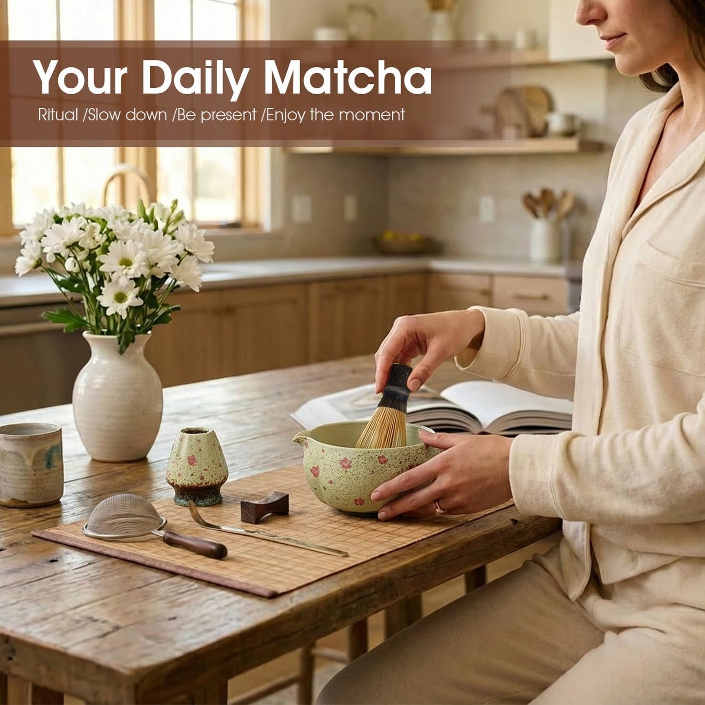 Matcha Whisk Set, 7-Piece Matcha Kit with Ceramic Bowl, Bamboo Whisk, Scoop, Sifter, Holder & Bamboo Mat – Premium Matcha Tea Set for Beginners & Matcha Lovers