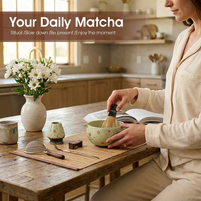 Matcha Whisk Set, 7-Piece Matcha Kit with Ceramic Bowl, Bamboo Whisk, Scoop, Sifter, Holder & Bamboo Mat – Premium Matcha Tea Set for Beginners & Matcha Lovers