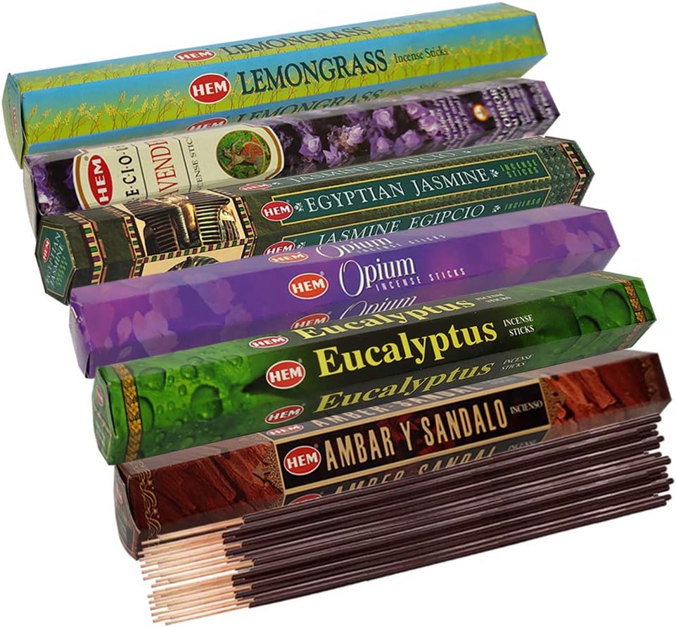 Hem Incense Sticks Variety Pack #23-120 Insence-Sticks (6 Incents x 20 Insense) + Incense Stick Holder with 6 Most Liked Scents Including Patchouli Dragons Blood White Sage Frankincense-Myrrh