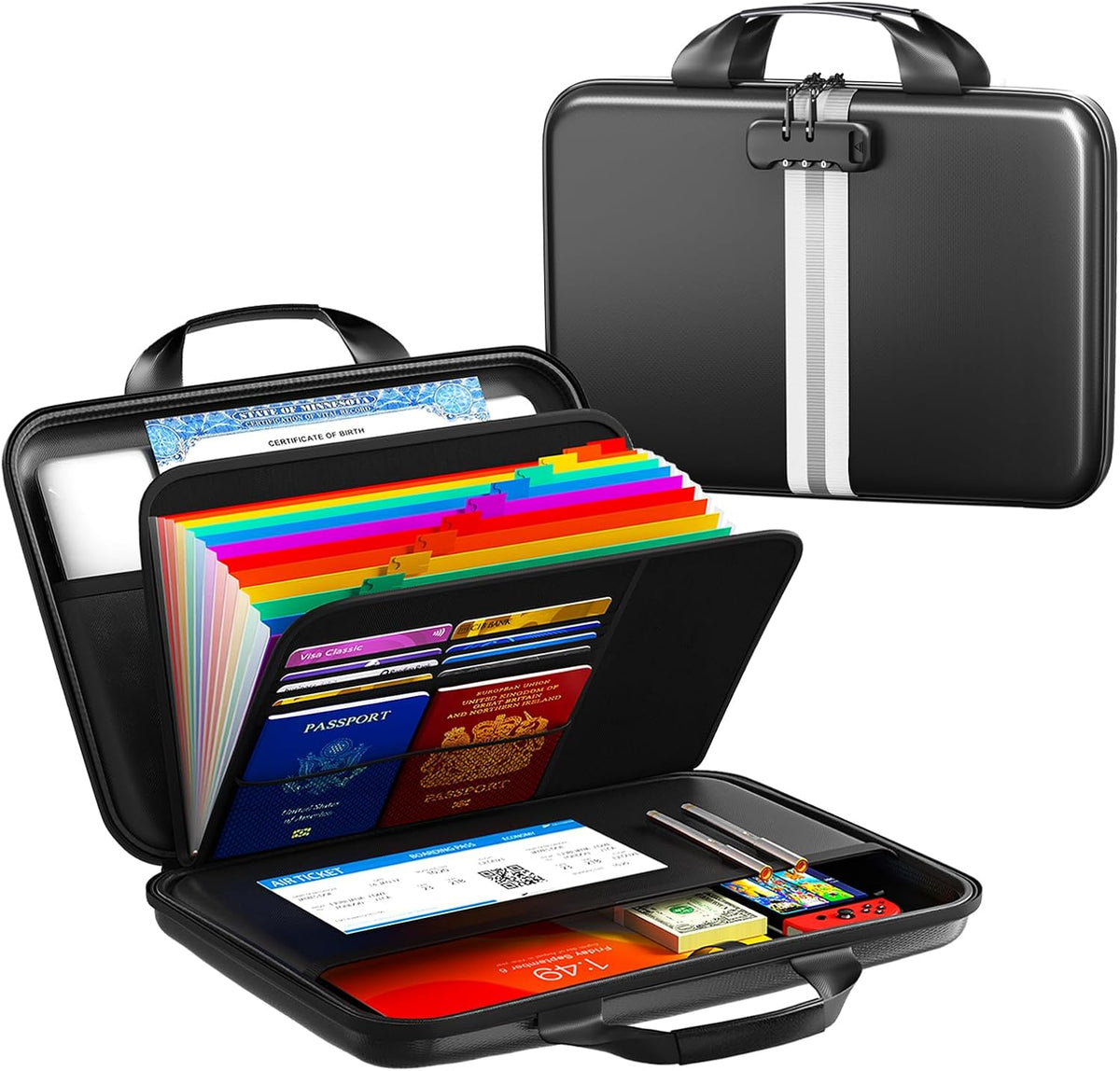 Fireproof Document Organizer with Lock, Semi-Rigid EVA Shell File Box with 13-Pocket Accordion Folder, Water-Resistant Storage for Important Documents, Passports & Certificates