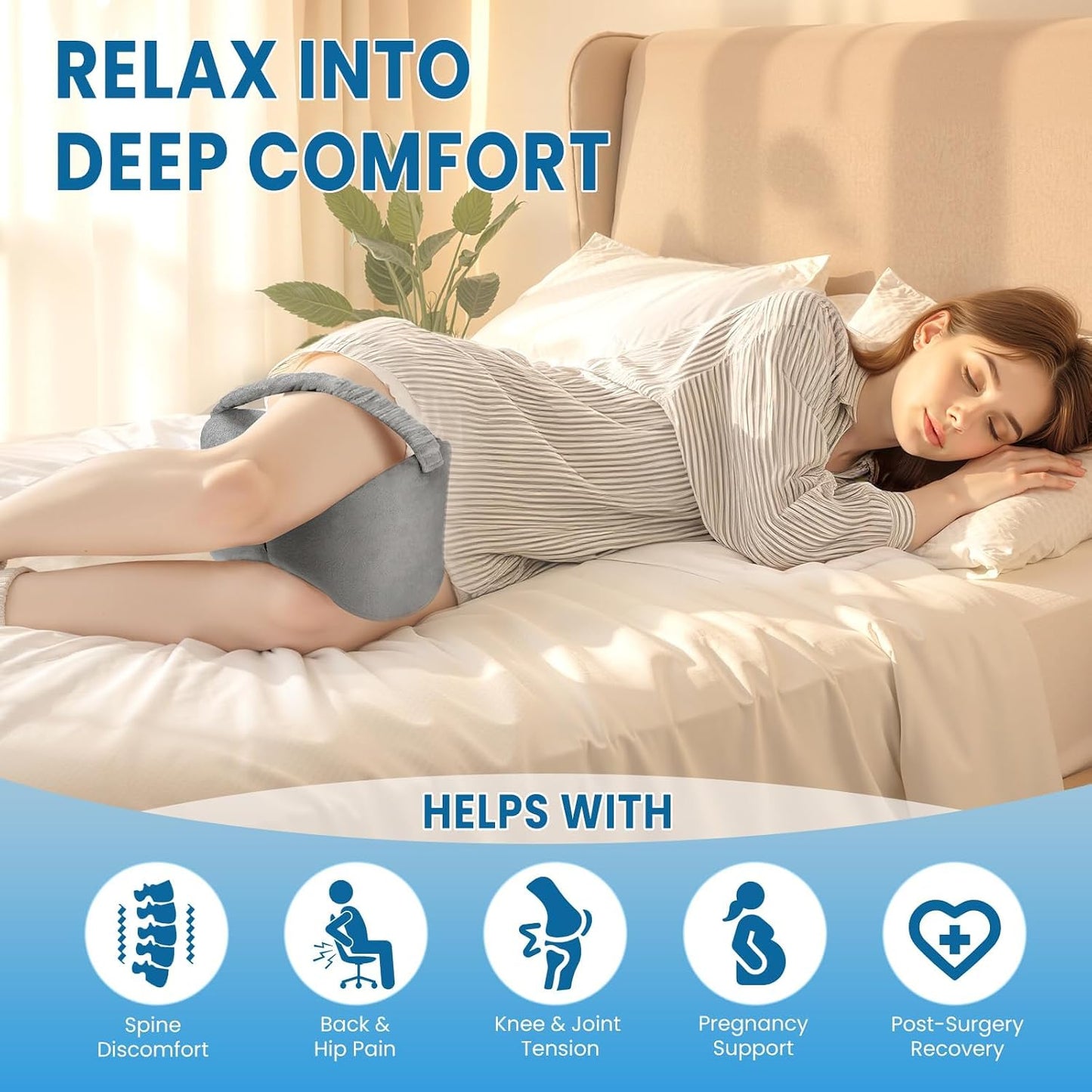 Knee Pillow for Side Sleepers with Strap, Supportive Memory Foam Leg Pillow for Side Sleeping & Spine Support, Ergonomic Curved Design for Hips and Back, Light Grey