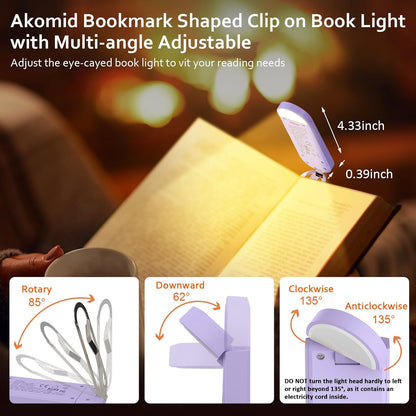 Akomid USB Rechargeable Book Light for Reading in Bed, 8 LEDs Bookmark Style Clip on, Eye-Cared Amber Light Mode for Kids, Blue Light Blocking, Stepless Dimming,Khaki