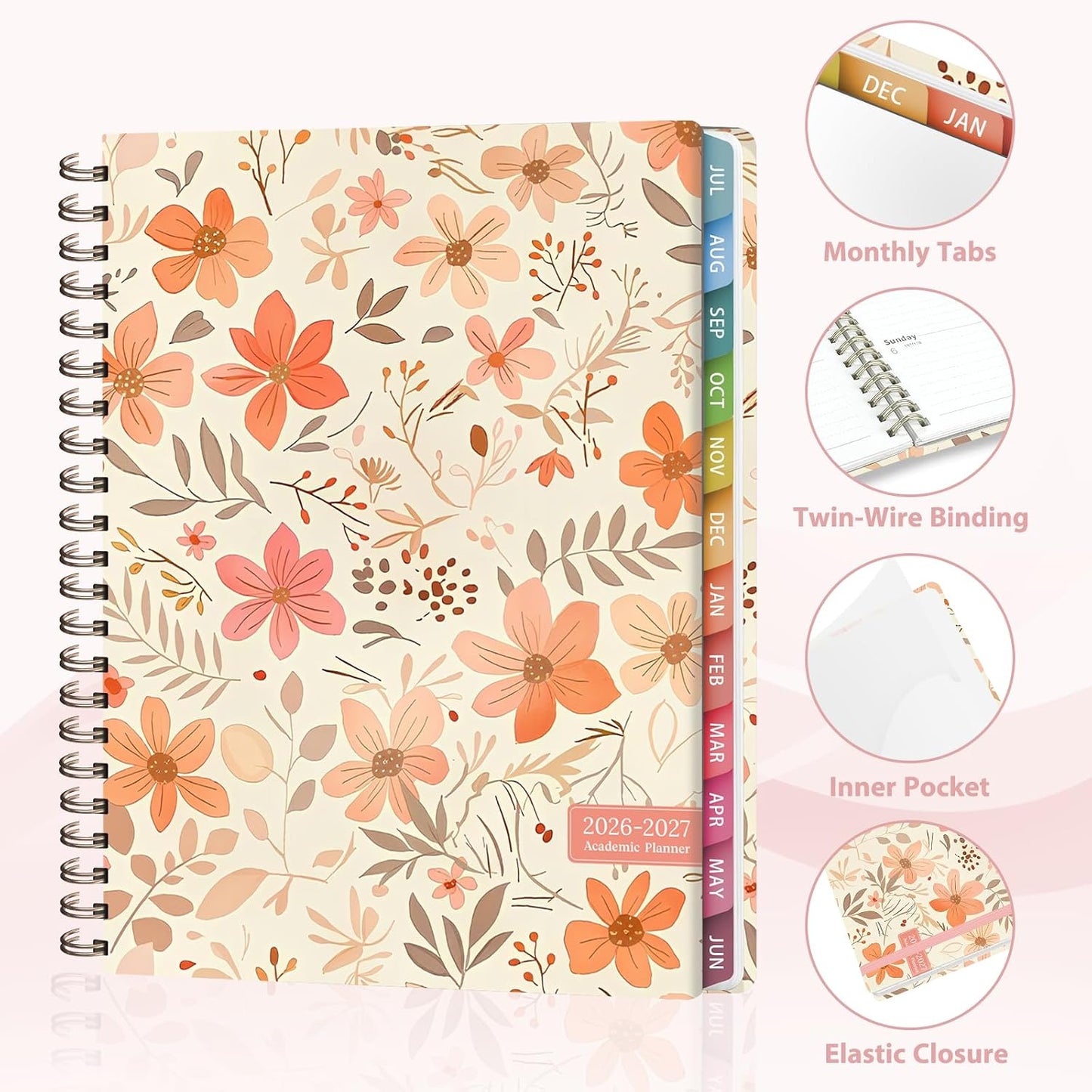 Planner 2026-2027, Weekly and Monthly Calendar Planner, JUL 2026 - JUN 2027 | A5(6.3'' x 8.5''), Hardcover, Agenda Book, Sprial Bound, Inner Pocket, Office and School Use