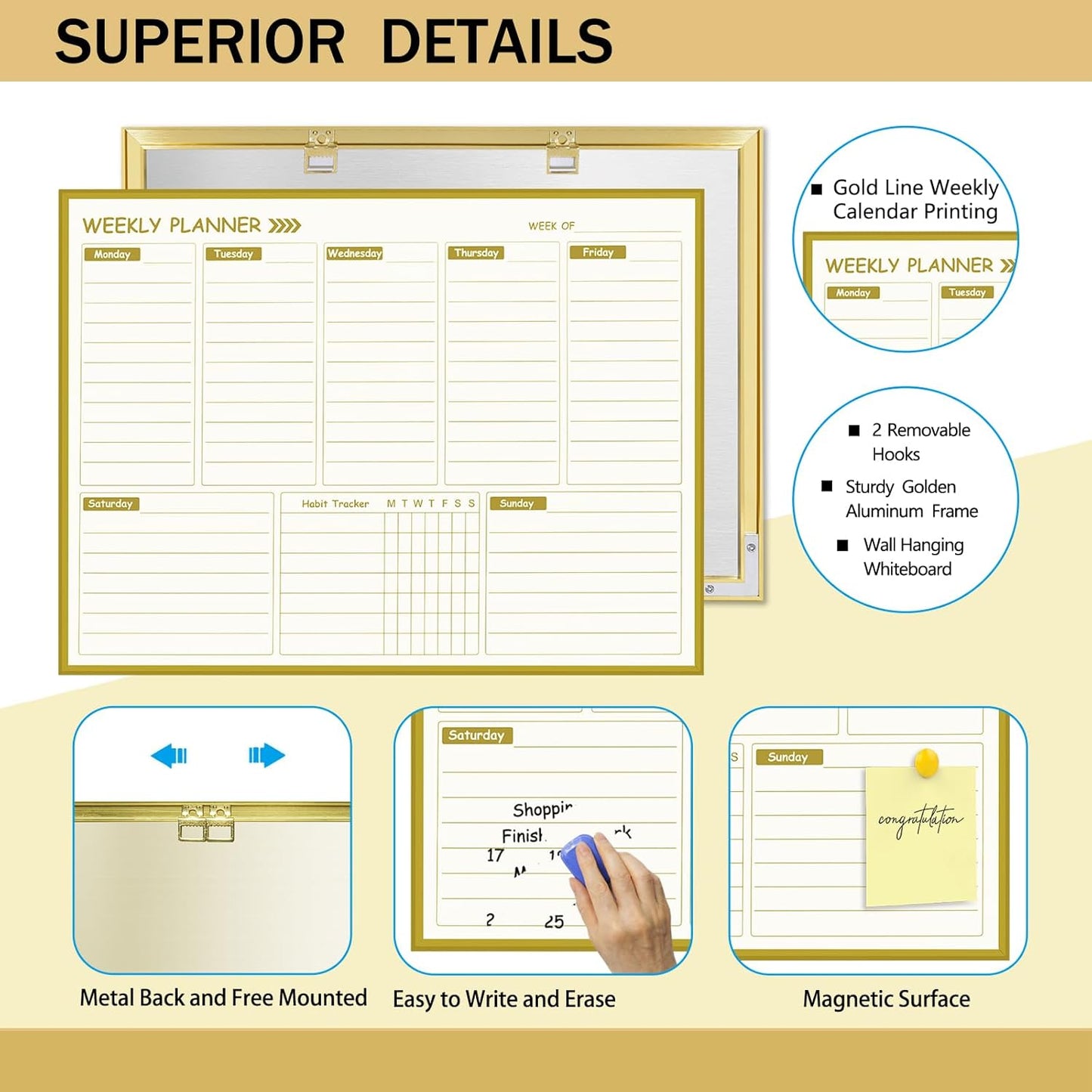 Gold Weekly Dry Erase Board for Wall,12"x16",Gold Metal Frame Weekly Planner Whiteboard for to Do List, Memo, School, Home, Office, Kitchen-GZ