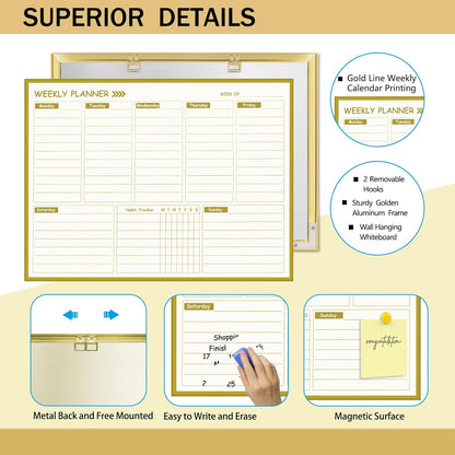Gold Weekly Dry Erase Board for Wall,12"x16",Gold Metal Frame Weekly Planner Whiteboard for to Do List, Memo, School, Home, Office, Kitchen-GZ