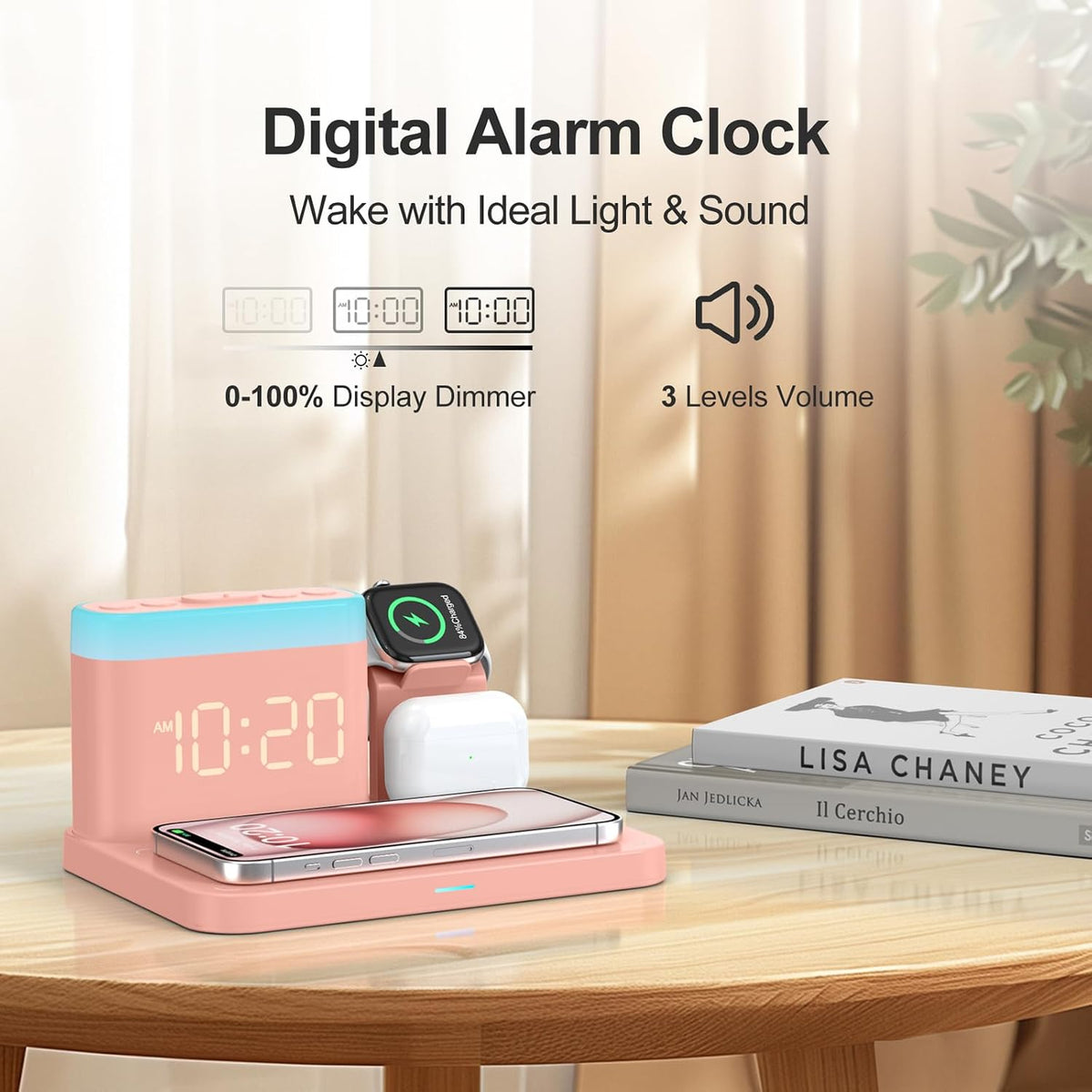 ANJANK Wireless Charging Station,5 in 1 Multiple Charger Stand with Alarm Clock,7 Night Light,Magnetic Charging Dock for iPhone 18 17 16 15 14 13 Pro Max Plus,Apple Watch 11/10/9/8,for Airpods,Bedroom