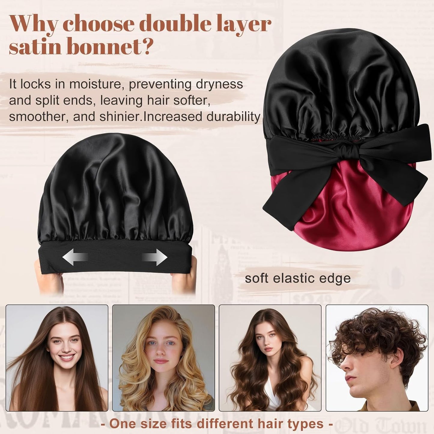 Satin Bonnet for Sleeping Cap Double Layer Hair Bonnet with Elastic Tie Band for Curly Hair Night Cap (Bean Paste + Pink)