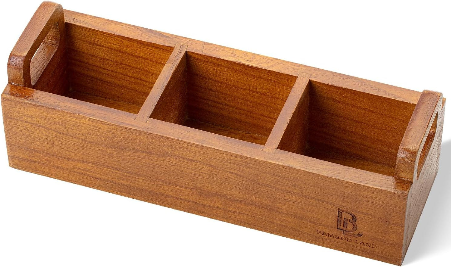 BAMBOO LAND- Small Wooden Tea Bag Organizer, 3 Slot Small Wooden Tea Bag Holder for Countertop, Storage Caddy Box for Tea Packets, Sugar Packet Holder, Kitchen Accessory for Home, Office, Coffee Bar