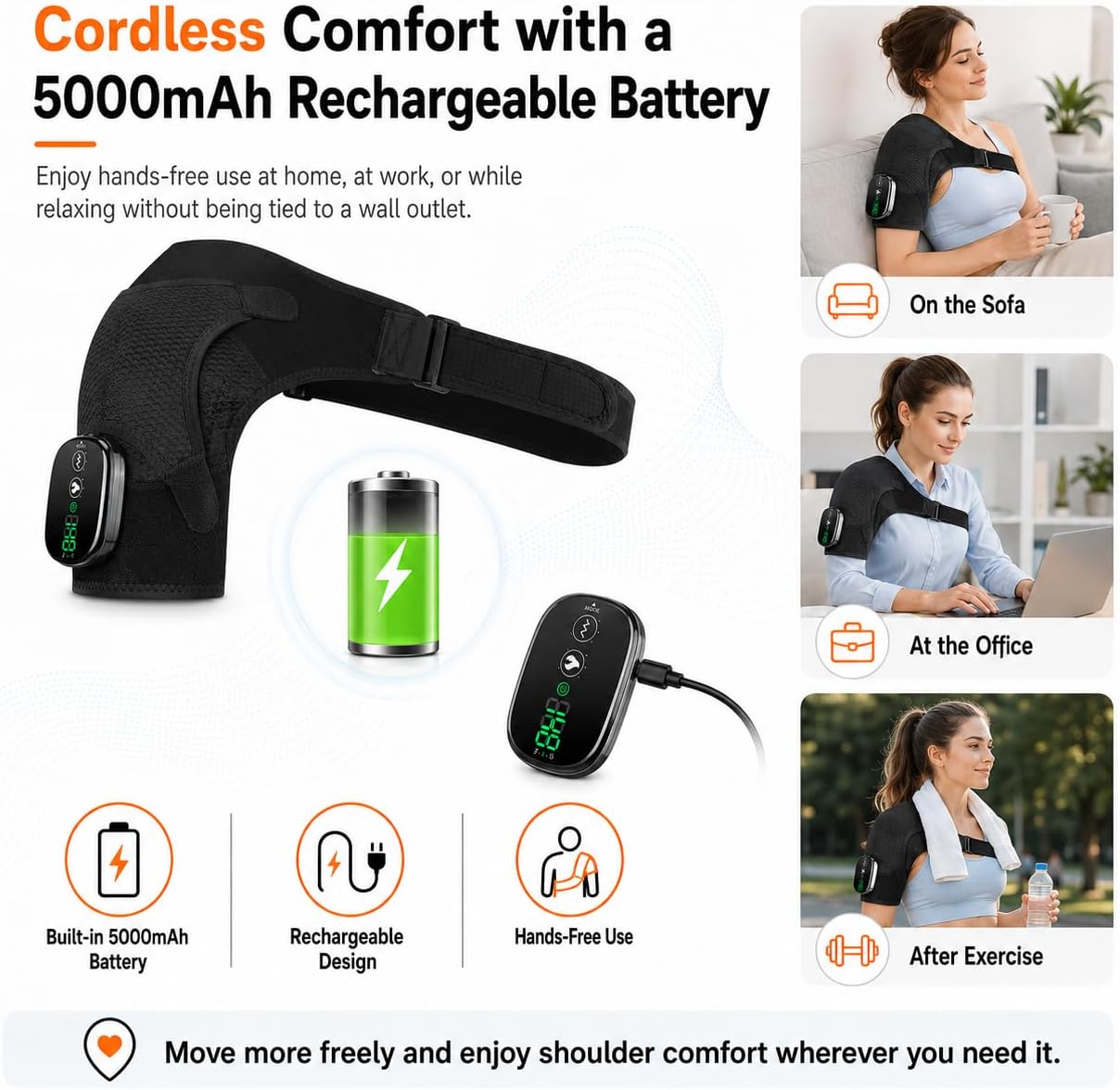 Cordless Shoulder Heating Pad with Massage, Rechargeable Shoulder Massager with Heat, Heated Shoulder Wrap, 3 Heat Levels & 3 Vibration Modes, 5000mAh Battery, Left or Right Shoulder, Black