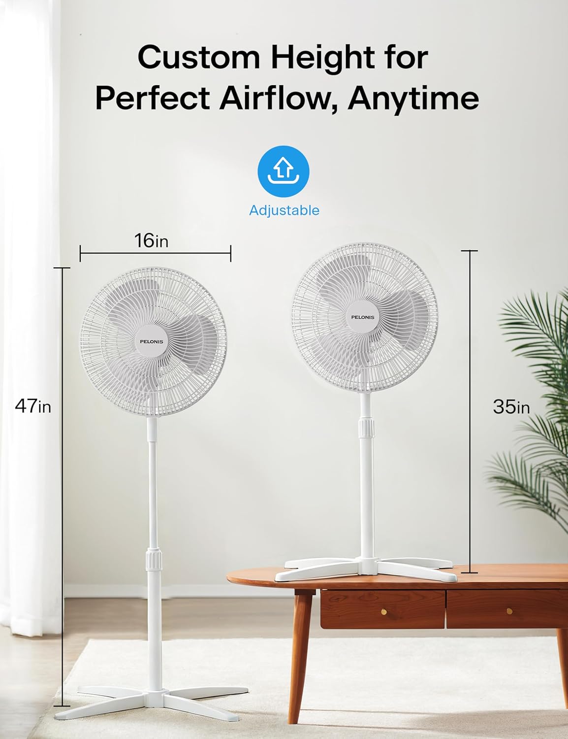 PELONIS 16 inch Pedestal Fan for Bedroom , Oscillating Fan, 3-Speeds, 90° Oscillation, Adjustable Height, Floor Fan, Standing Fan for Living Room, Kitchen, and Home office, Black