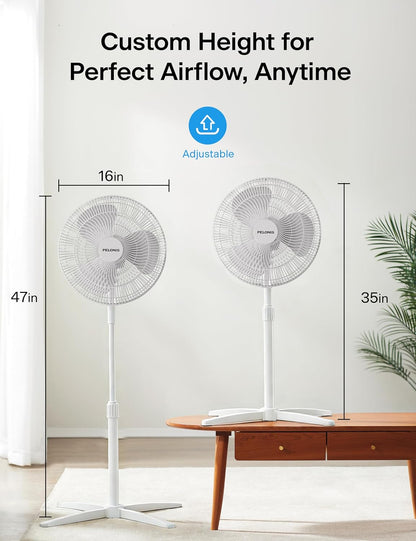 PELONIS 16 inch Pedestal Fan for Bedroom , Oscillating Fan, 3-Speeds, 90° Oscillation, Adjustable Height, Floor Fan, Standing Fan for Living Room, Kitchen, and Home office, Black