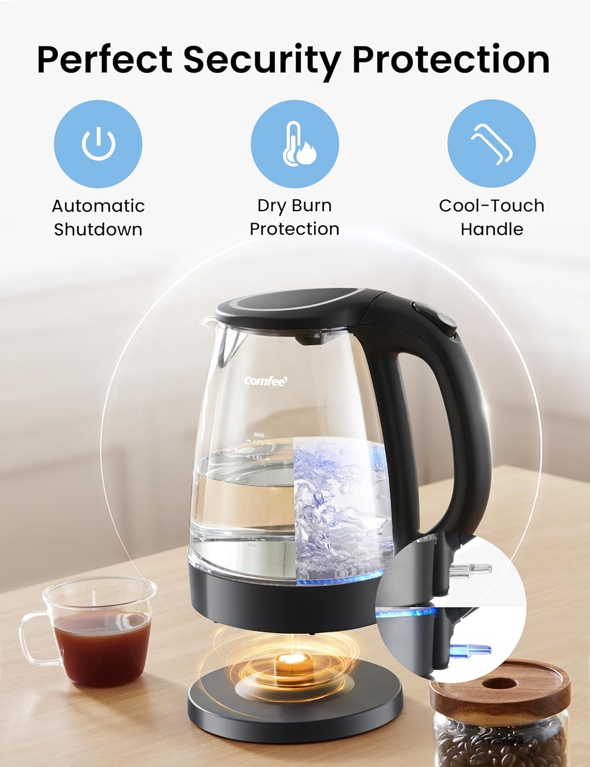 COMFEE' 1.7L Glass Tea Kettle and Kettle Water Boiler - Electric Kettle Temperature Control with 6 Presets, 2-Hr Keep Warm, Fast Heating, 304 Stainless Steel, Auto-Off and Boil-Dry Protection