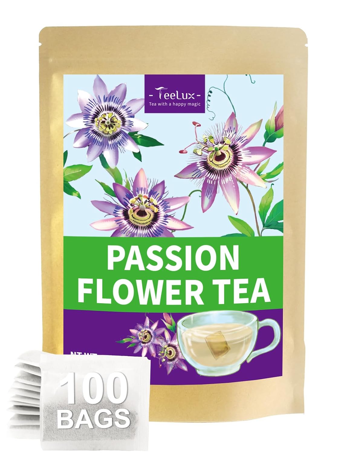 TeeLux Passionflower Tea Bags, Smooth & Mellow, Caffeine Free, 100 ct