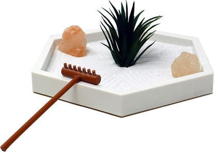 Nature's Mark Mini Zen Garden Kit for Desk with White Sand, Rake, White Base, Salt Rock and Air Plant (Round)