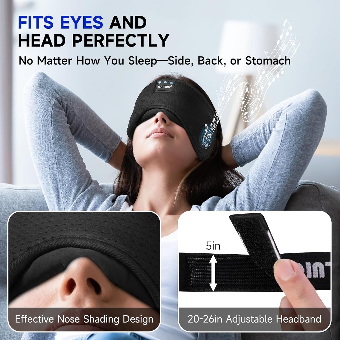 TOPOINT Sleep Mask with Headphones Bluetooth 5.4 Wireless, Sleep Headphones Earphones Earbuds with Microphone HD Speakers Music, Blackout Eye Mask for Sleeping Travel Meditation Men Women Cool Gadgets