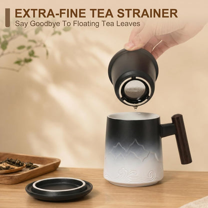 Tea Cup with Infuser and Lid, 14oz Ceramic Loose Leaf Tea Steeper Cup with Wood Handle and Cup Lid, Blue, Black
