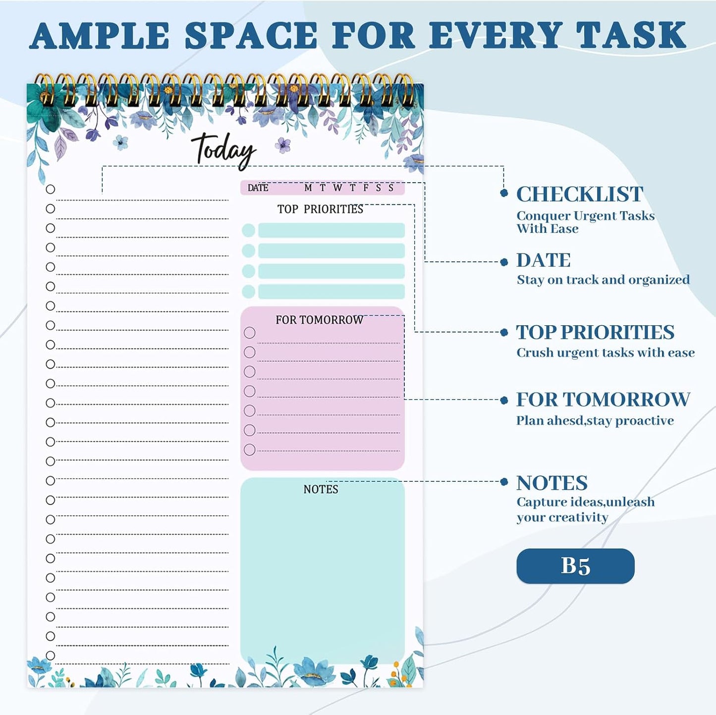 to Do List Notepad, Undated Daily Planner, 120 Pages, 6.7 x 9.8 in | 100 GSM FSC Paper, Plastic Cover, Spiral Bound, Tear-Off Pages, Task Checklist Layout For Home Office School Supplies