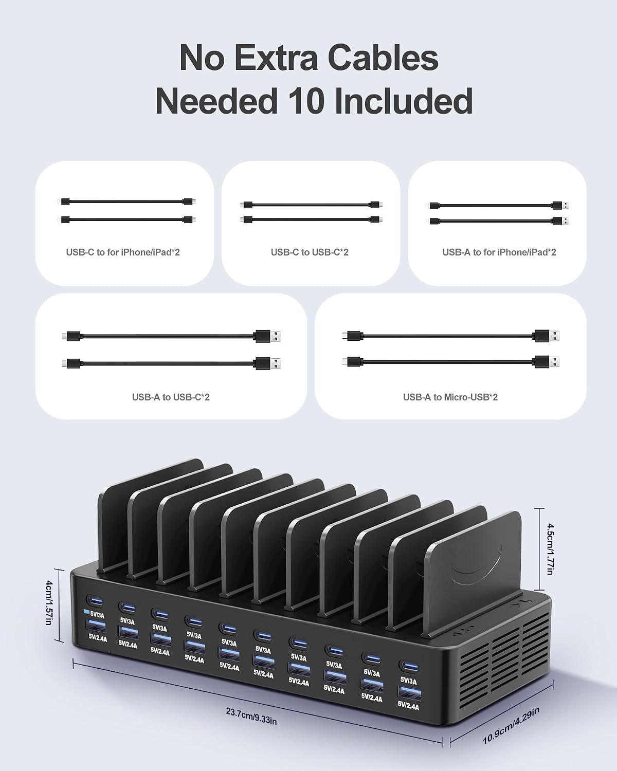 20-Port 270W Charging Station for Multiple Devices with 10 Charging Cables