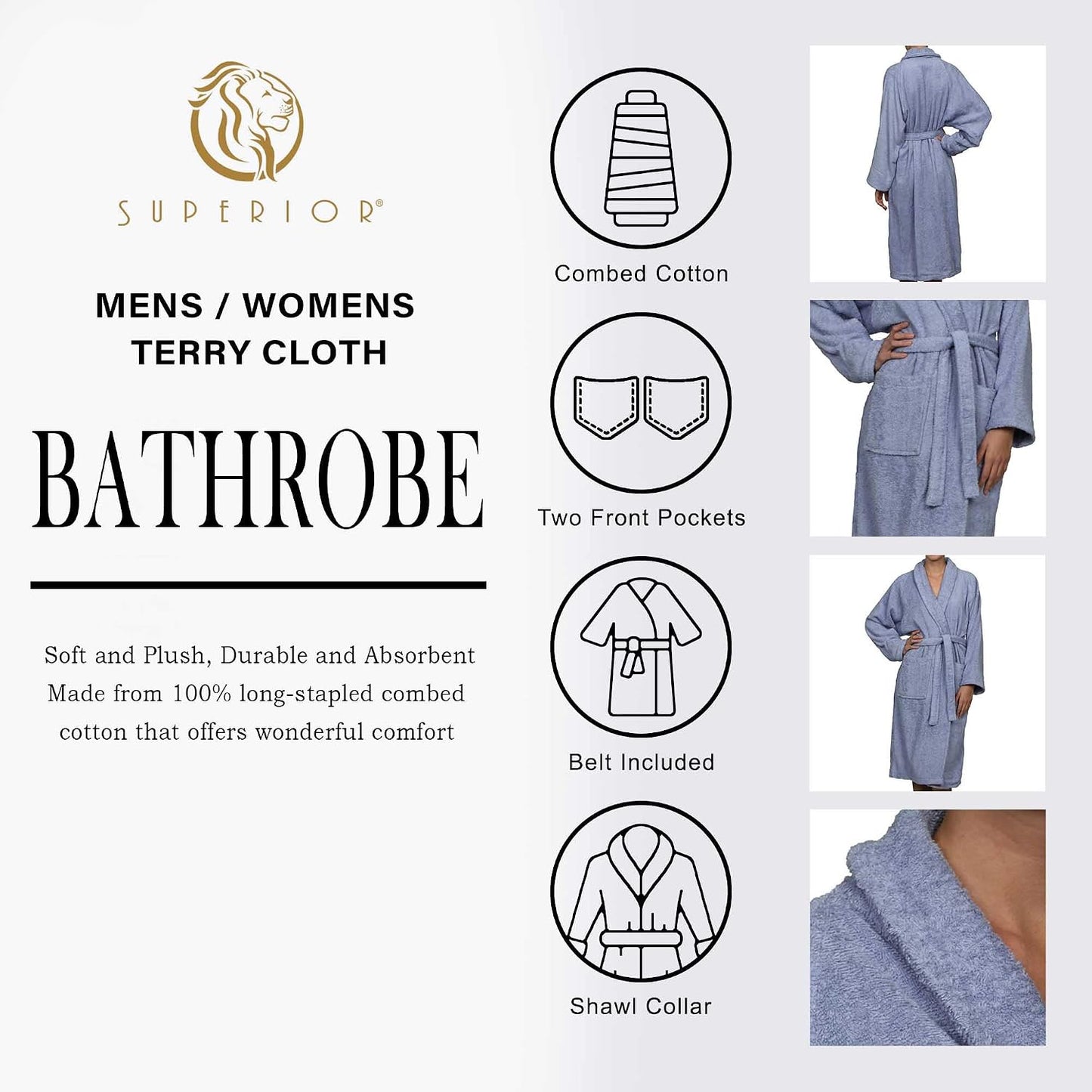 Cotton Unisex Terry Robe, Soft And Absorbent Robes For Men And Women, Bathroom Accessories