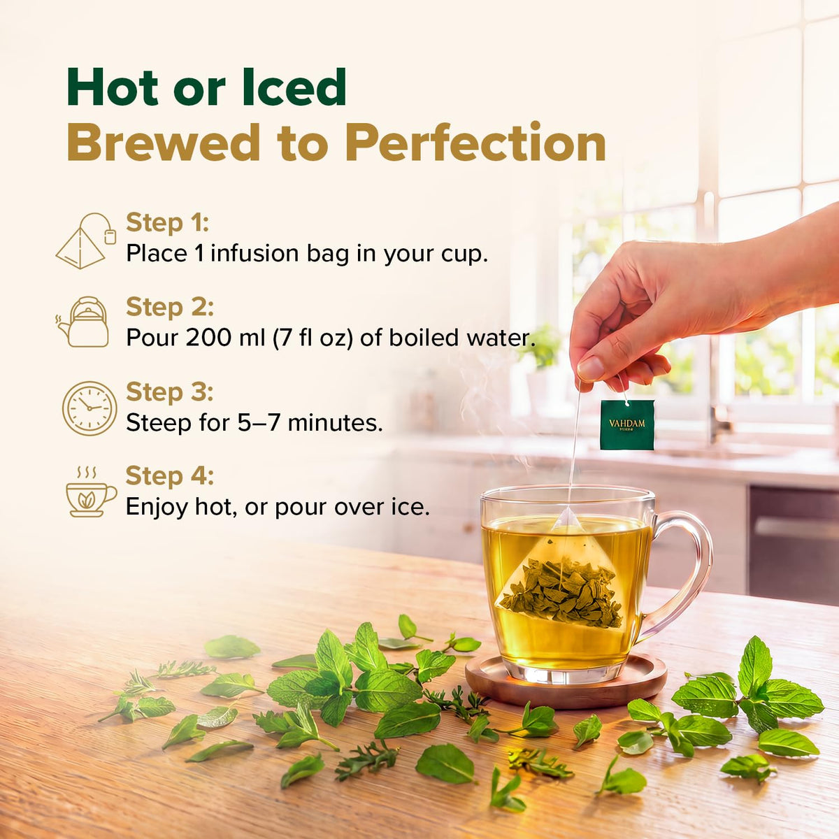 VAHDAM, Pure Mint Herbal Tea (100 Pyramid Tea Bags) Caffeine Free, Non GMO, Gluten Free | Blend of Spearmint & Peppermint - Sweet & Minty | Resealable Ziplock Pouch