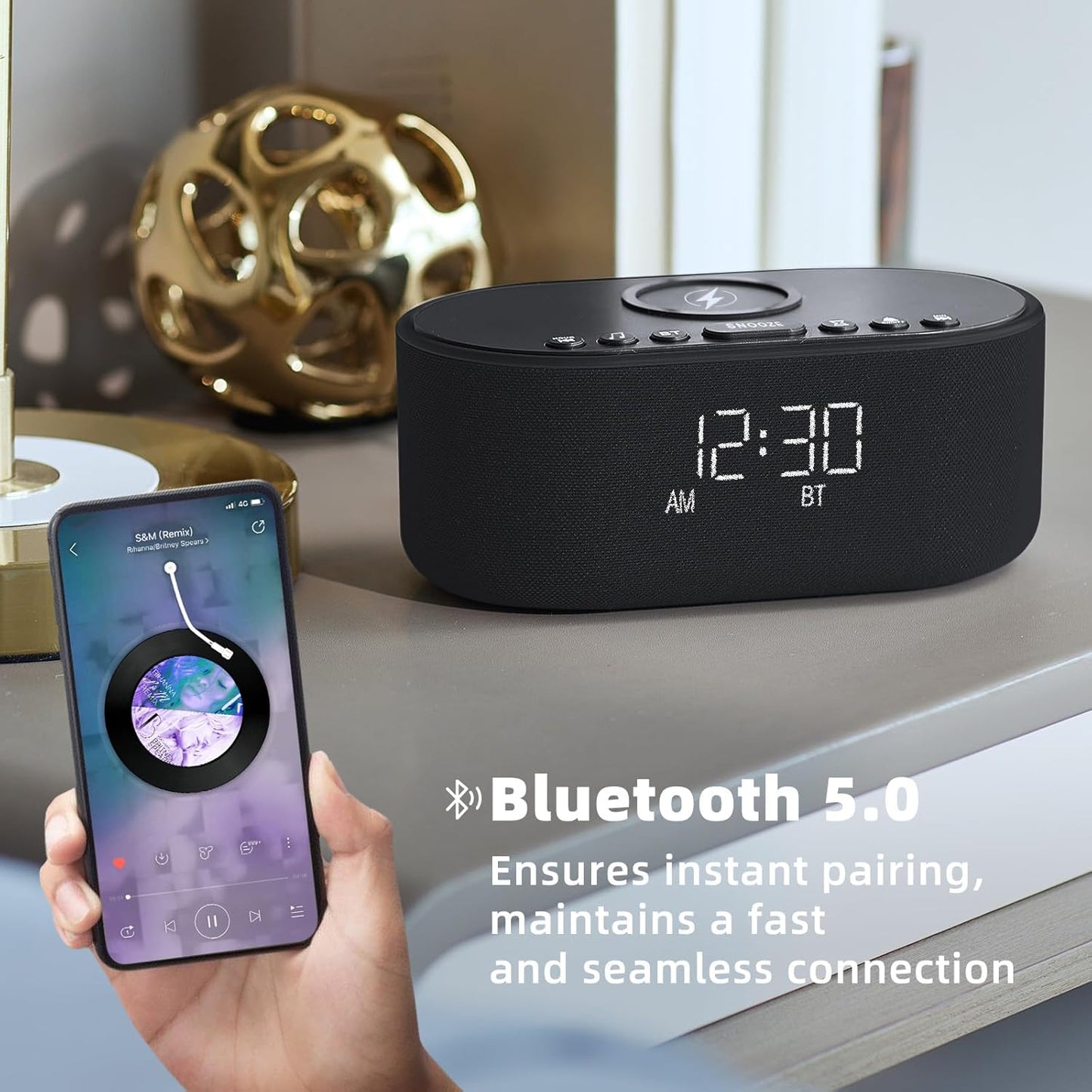 Sound Machine Alarm Clock for Bedrooms: Bluetooth 10W Stereo Sound Speaker with Wireless Charging - White Noise Machine for Sleeping with 21 Soothing Sounds - Putty