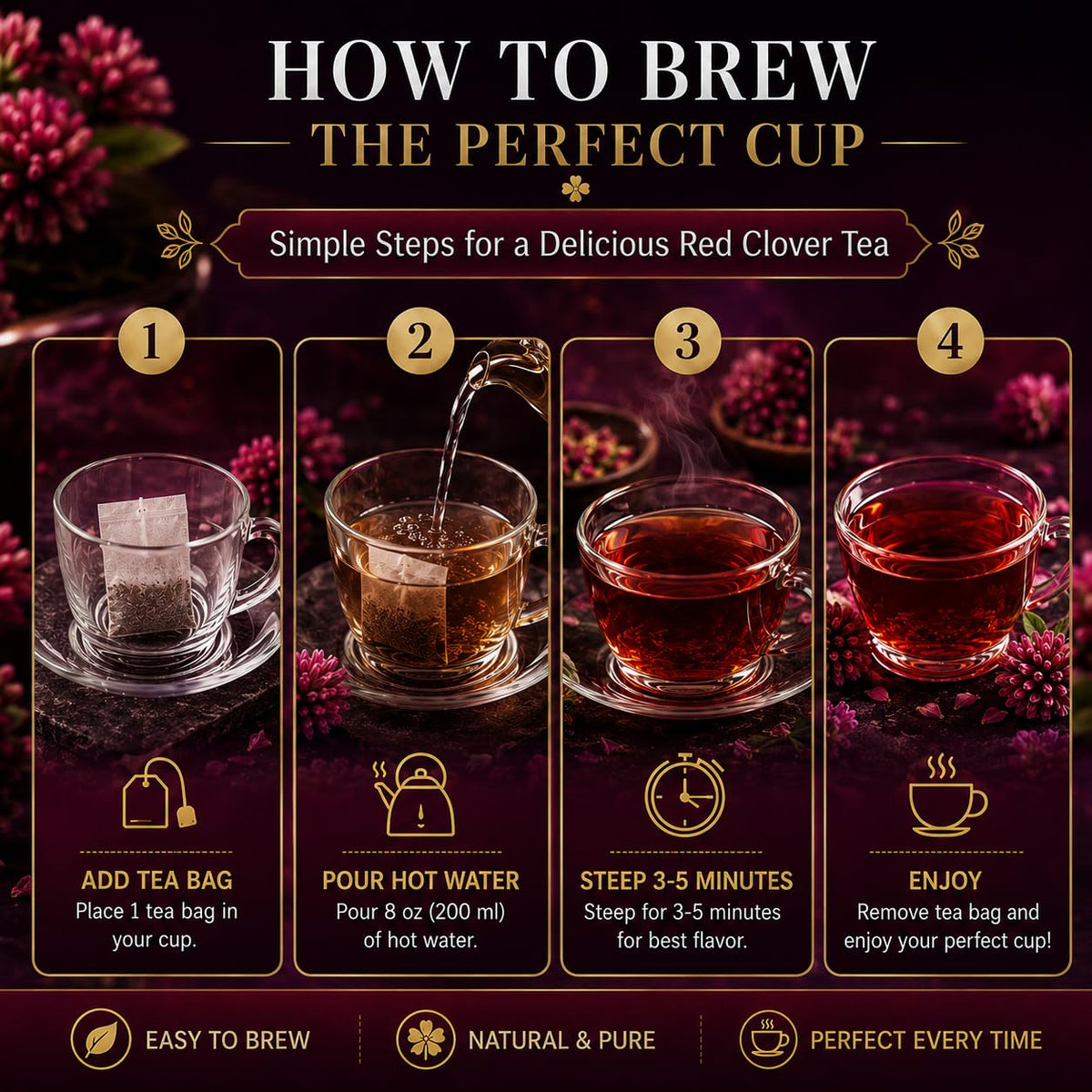 WOTIHA Premium Red Clover Tea Bags, 50 Count – 100% Natural Red Clover Herb, Rich in Antioxidants, Additive-Free, Caffeine-Free, Sugar-Free