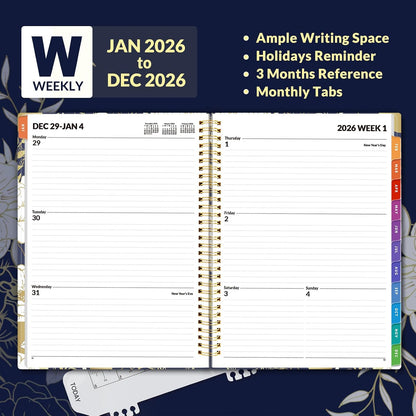 SUNEE Academic Planner 2026-2027 – Weekly & Monthly Planner, July 2026 to June 2027, 6.4"x8.3", Thick Paper, Tabs, Pockets, Bookmark, Spiral-Bound, Student Teacher Organizer, Black
