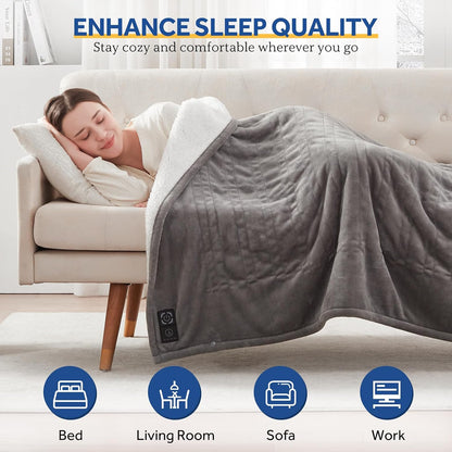 Sealy Heated Blanket Throw with Built-in Button Controller, Reversible Flannel to Sherpa Electric Blanket with 2-10 Hours Auto-Off & 4 Heating Levels, Over-Heat Protection, 50x60 inch, Beige