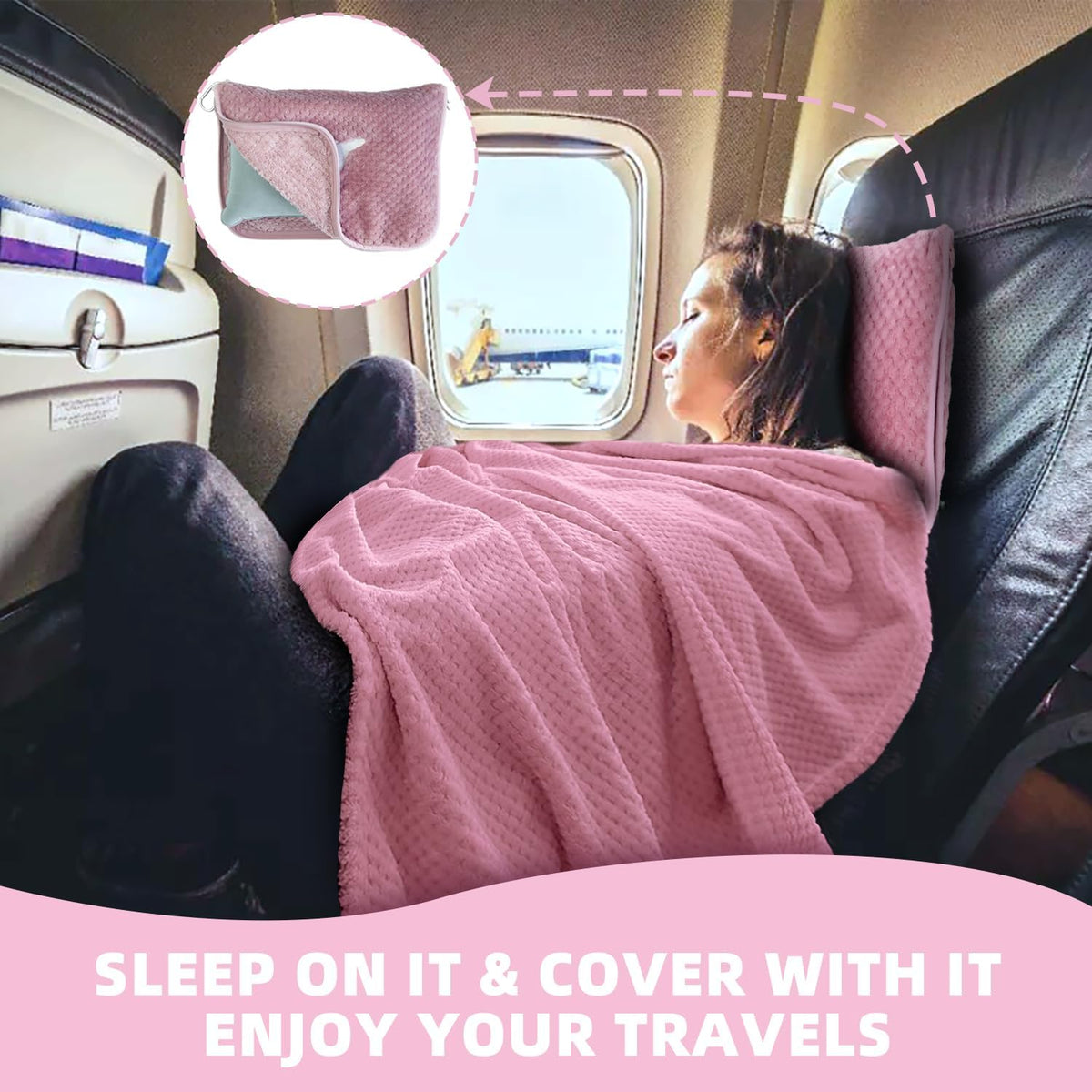 3 in 1 Travel Blanket Pillow Set - 350 GSM Thick Travel Blanket Airplane Compact with Bag, Soft Bag with a Pocket, Inflatable Travel Pillow for Camping & Car Trip(Mint Green)