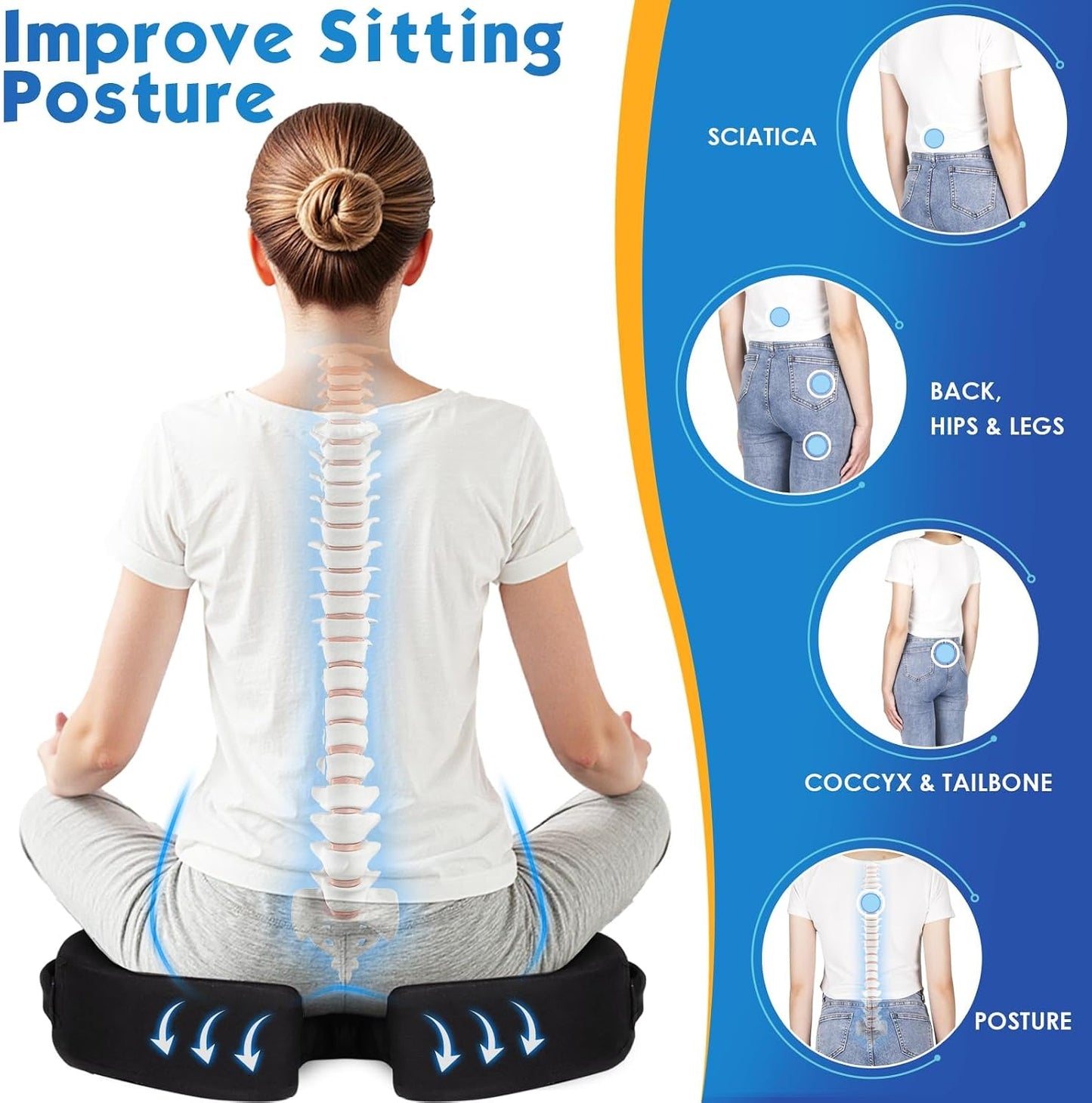 TushGuard Seat Cushion for Office Chair Memory Foam Non-Slip Desk Seat Cushion Back, Coccyx, Sciatica, Tailbone Pain Relief Butt Pillow for Office Chair, Car, Wheelchair, Black