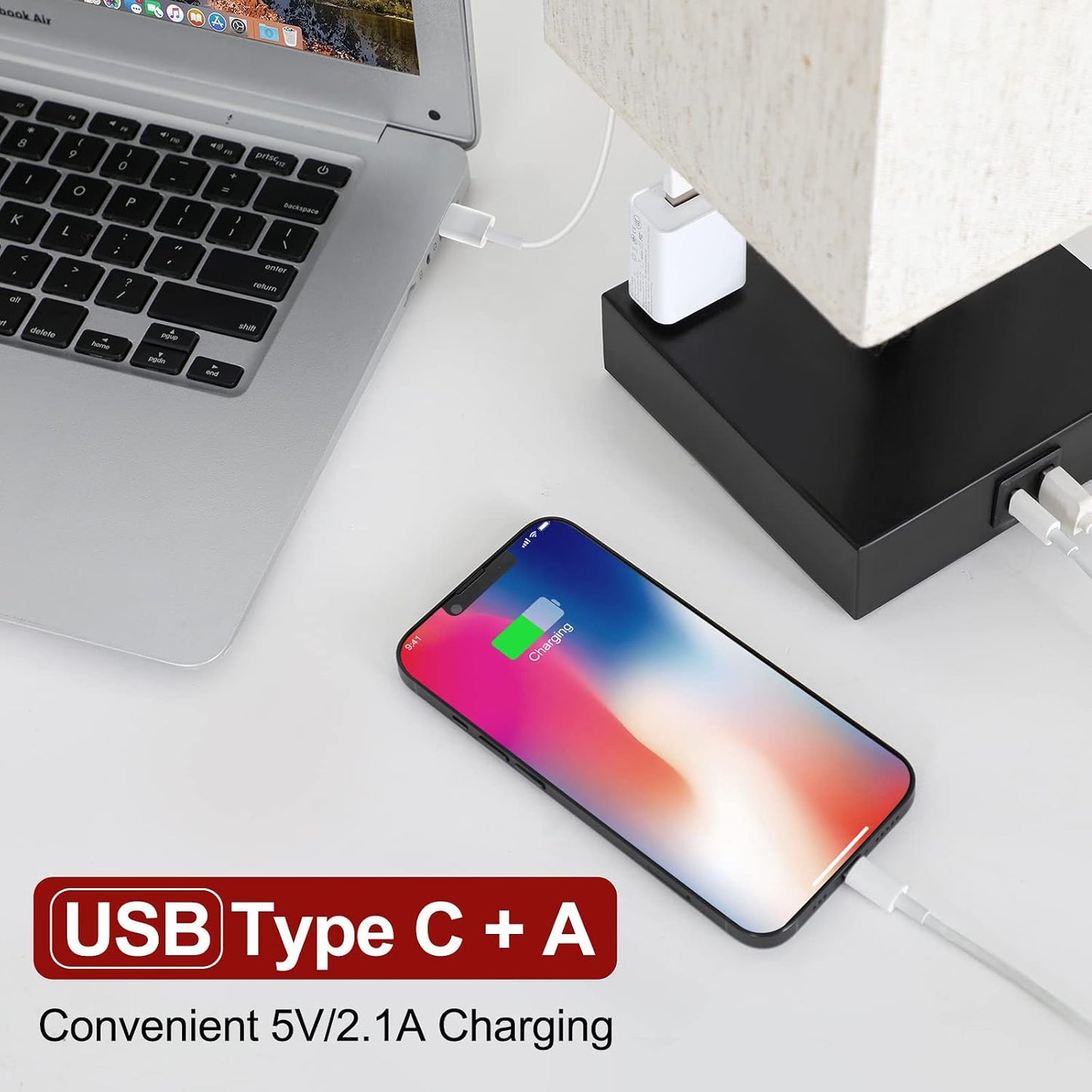 Bedside Table Lamp for Bedroom - Touch Small Lamp with USB C+A Charging Ports & AC Outlets, 3 Way Dimmable Nightstand Light for Living Room (LED Bulb Included, Grey)