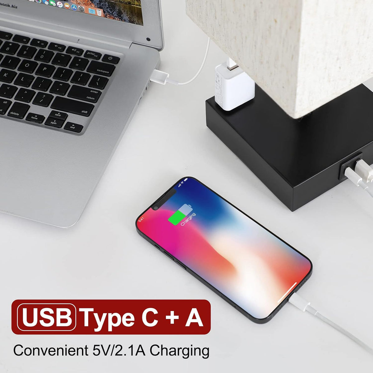 Bedside Table Lamp for Bedroom - Touch Small Lamp with USB C+A Charging Ports & AC Outlets, 3 Way Dimmable Nightstand Light for Living Room (LED Bulb Included, Grey)