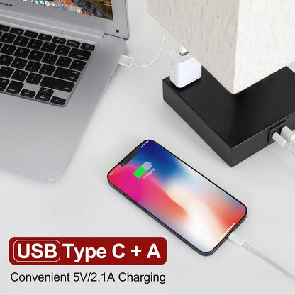 Bedside Table Lamp for Bedroom - Touch Small Lamp with USB C+A Charging Ports & AC Outlets, 3 Way Dimmable Nightstand Light for Living Room (LED Bulb Included, Grey)