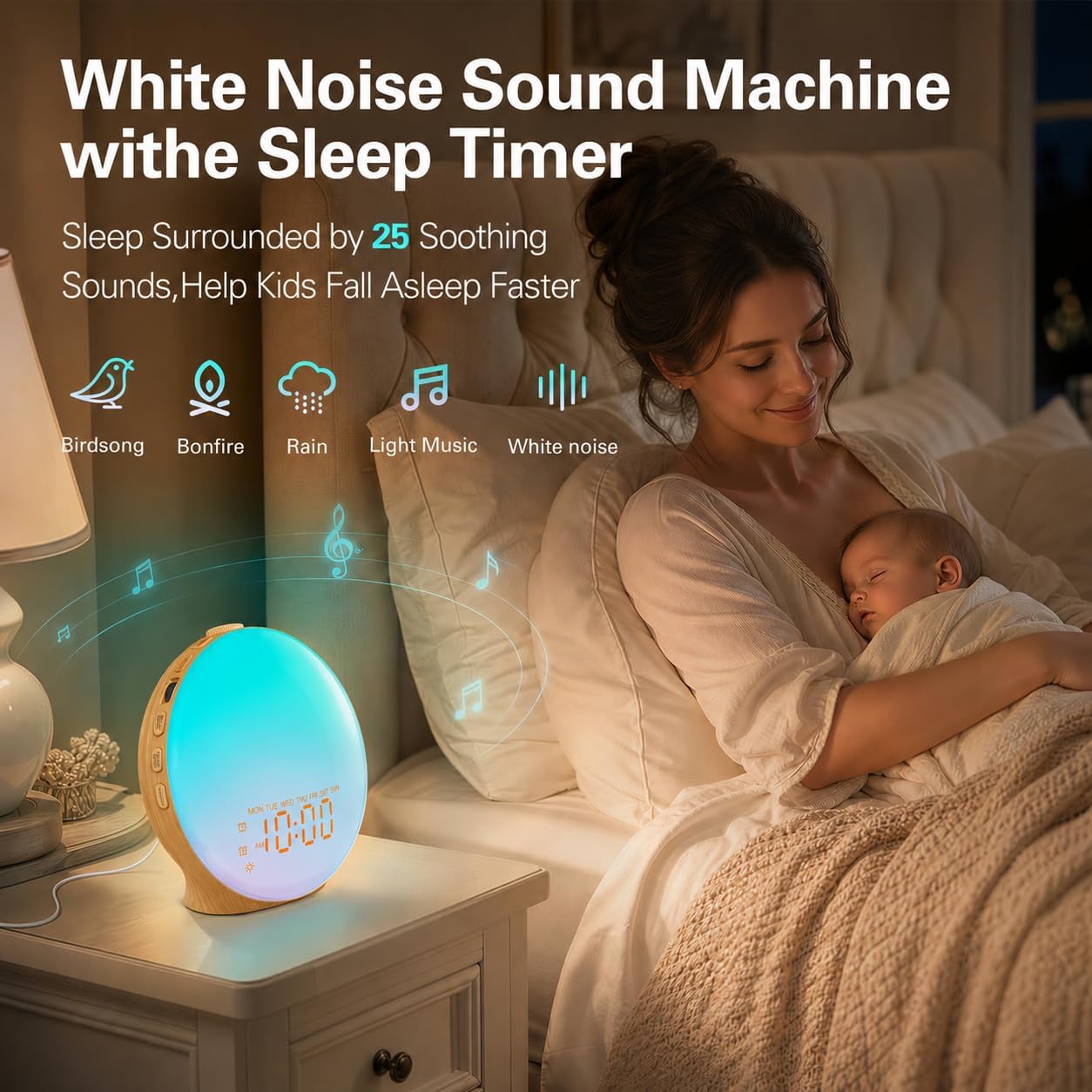 JALL Full Screen Dimmer Sunrise Alarm Clocks for Bedrooms, Wake Up Light with FM Radio, 25 White Noise Sleep Sounds, Bluetooth Speaker, Dual Alarms Bedside Clock for Heavy Sleepers