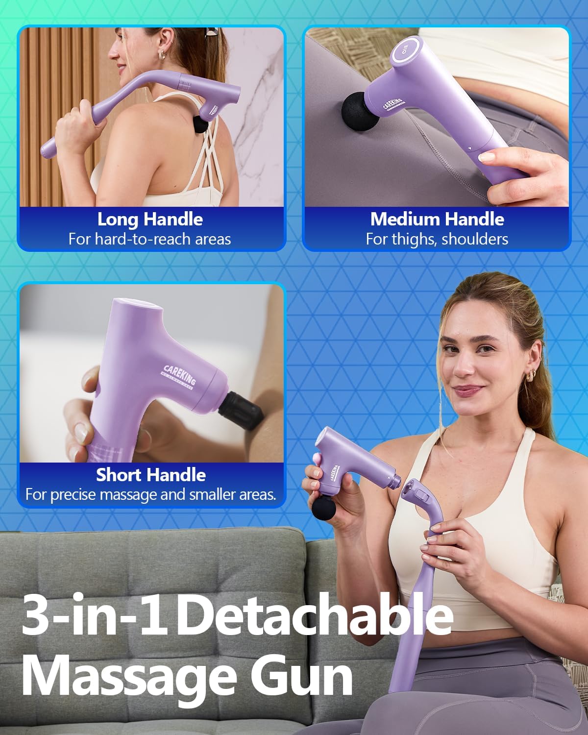 3-in-1 Detachable Massage Gun Deep Tissue, Ergonomic Extension Handle Back Massager for Pain Relief, Portable Percussion Muscle Massager for Shoulder, Thigh, Waist & Neck, FSA-HSA Eligible