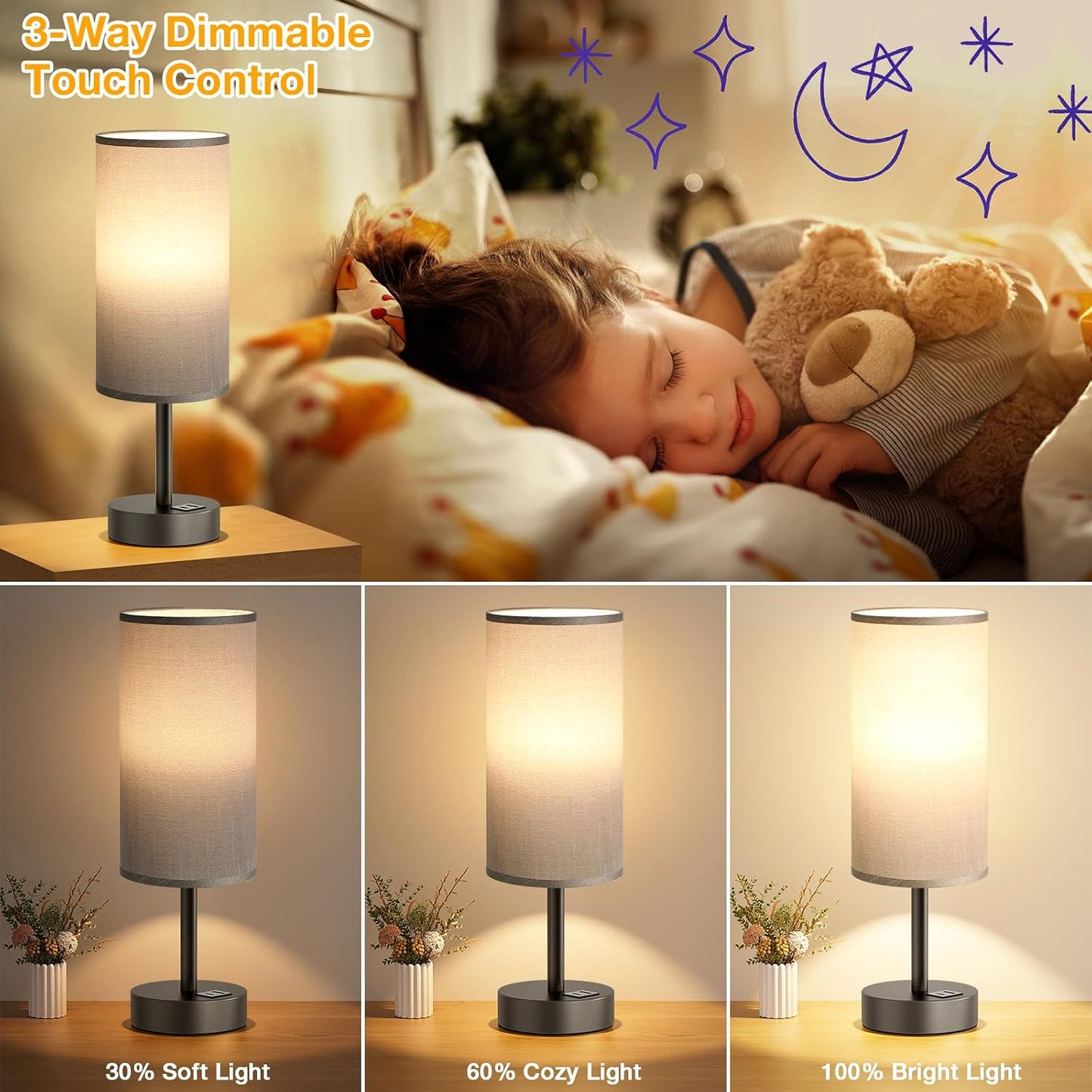 Dicoool Touch Bedside Table Lamp with USB - 3 Way Dimmable Wood Lamp for Bedroom Nightstand, Desk Lamp with Charging Station for Dorm, Living Room, Office, Kids Room, Small, 14in