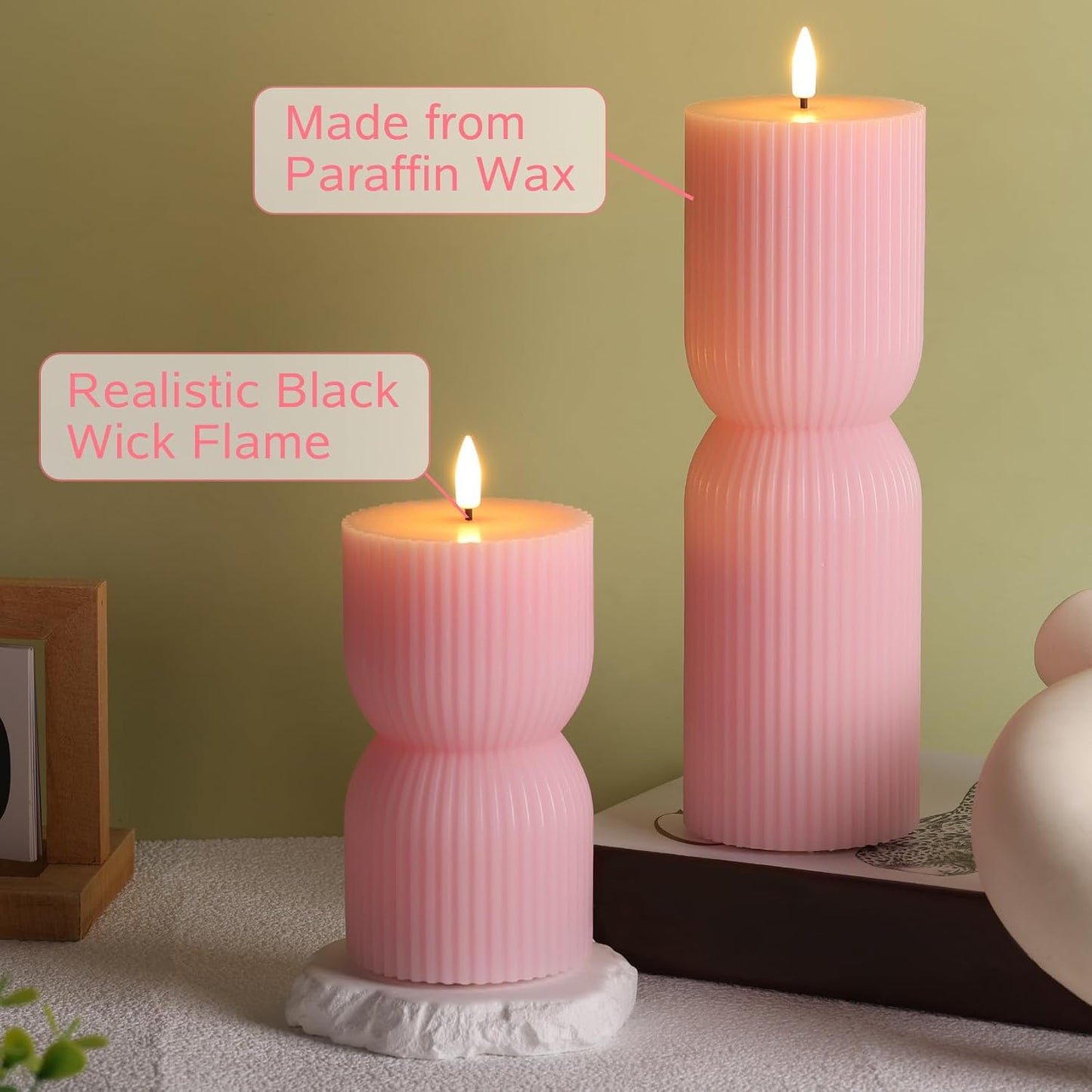 White Ribbed Flameless Pillar Candles with Remote, Real Wax Flickering Battery LED Candles Set of 2