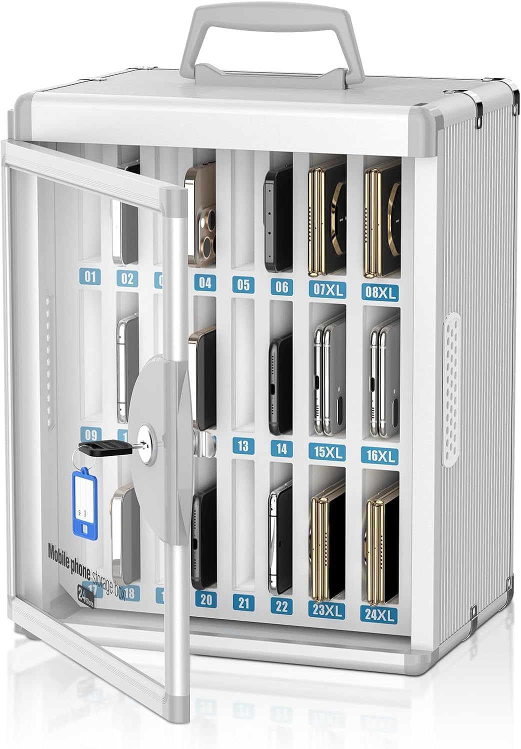 24 Slots Cell Phone Locker, Classroom Phone Storage Cabinet with Key, 【Wall Mounted】 【Aluminum Alloy】 Phone Lock Box, Mobile Phone Lockbox with Handle for School Office Exam(Silver)