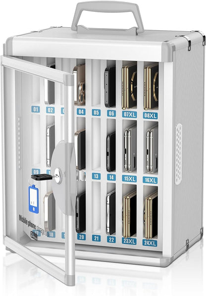 24 Slots Cell Phone Locker, Classroom Phone Storage Cabinet with Key, 【Wall Mounted】 【Aluminum Alloy】 Phone Lock Box, Mobile Phone Lockbox with Handle for School Office Exam(Silver)