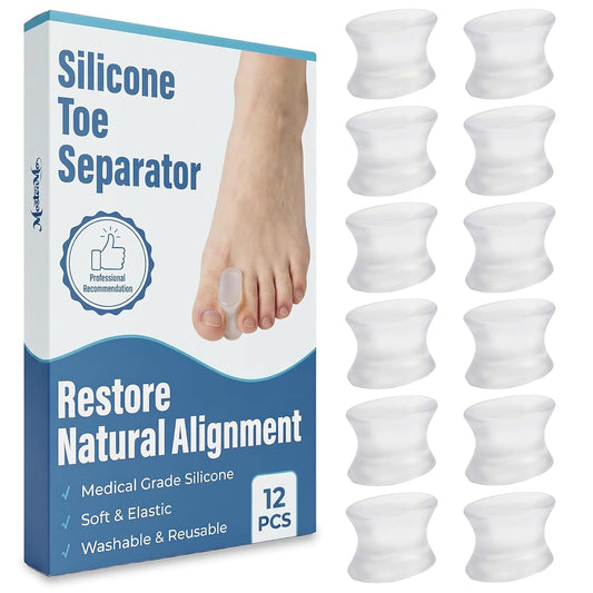12 Pack Gel Toe Separators & Spacers - Aloe Infused Bunion Pads for Overlapping Toes, Hammer Toes & Big Toe Alignment - Medical Grade Toe Straightener for Men & Women, Transparent & Washable (M)