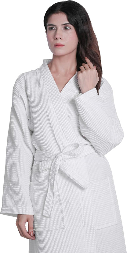 Looperry Unisex White Waffle Bathrobe (1 Piece) Luxurious & Lightweight Shower Robe in Organic Cotton Poly Blend
