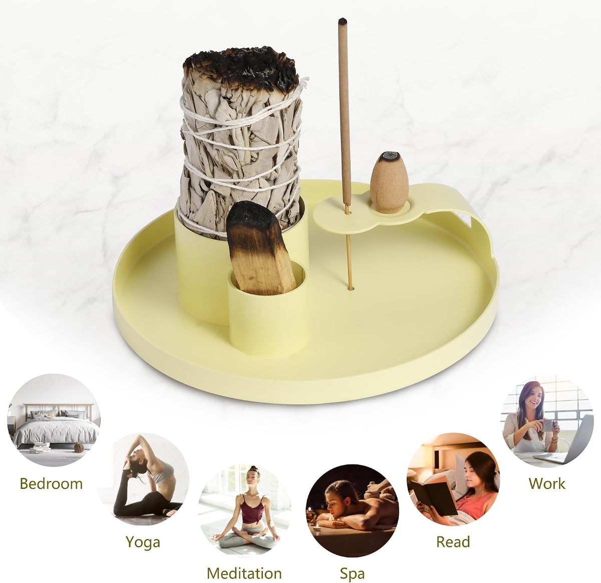 4 in 1 Incense Holder, Sage Burner Holder, Palo Santo Holder Burner, 5.47" Ash Catch Tray, Smudge Stick Holder with Handle for Incense Sticks Incense Cone, Yoga Meditation and Room Decor
