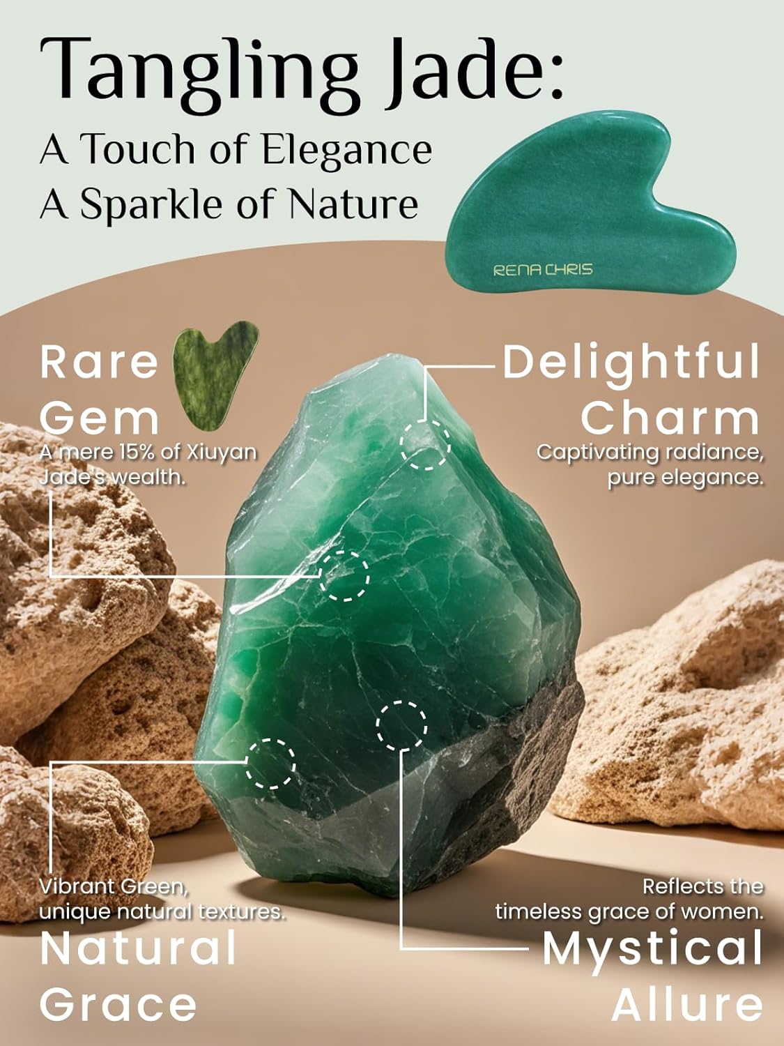 Rena Chris Gua Sha Facial Tools: Jade Stone Guasha Tool for Face Acupuncture Therapy, Facial Massager for Jawline Sculpting and Puffiness Reducing (Green)