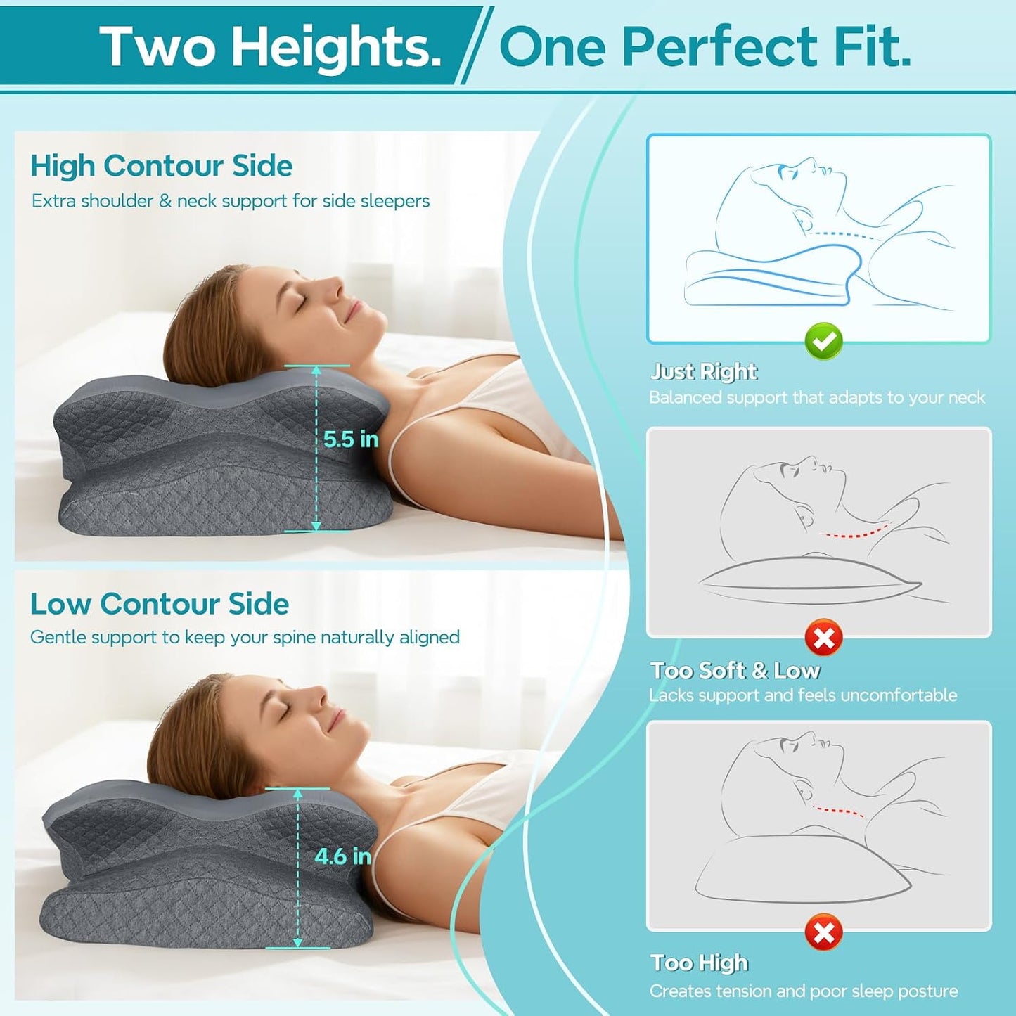 Cervical Pillow for Neck Pain Relief, Ergonomic Pillow for Side Sleeper, Memory Foam Neck Support for Back Stomach Sleepers, Cooling Breathable Orthopedic Contour Pillows for Sleep Apnea Snore, White