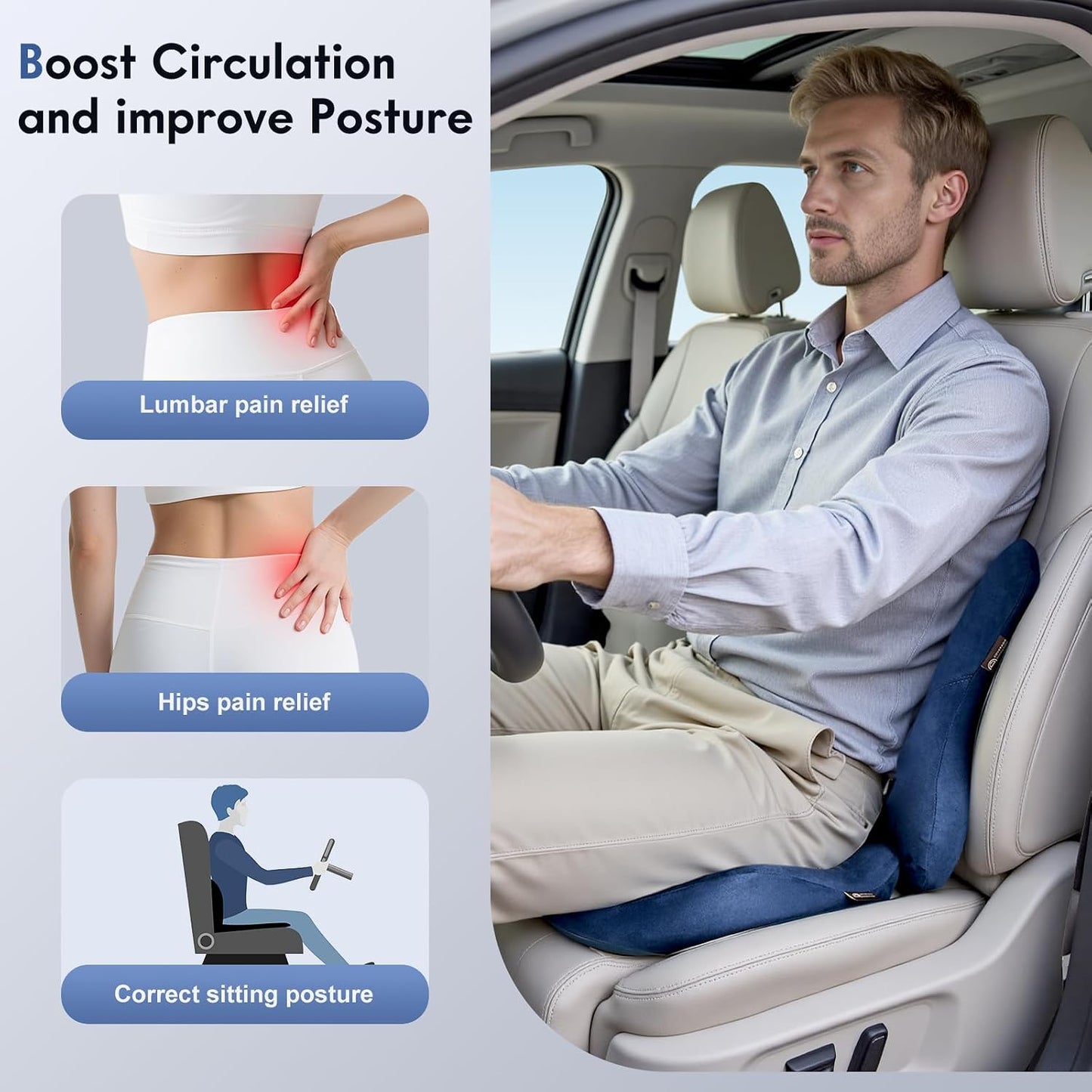 Coverado Car Lumbar Support Pillow and Car Neck Pillow Kit, Ergonomic Design Car Headrest Pillow for Driving, Relax Back Head Muscles Relieve Driving Fatigue, Breathable & Removable Cover, Gray